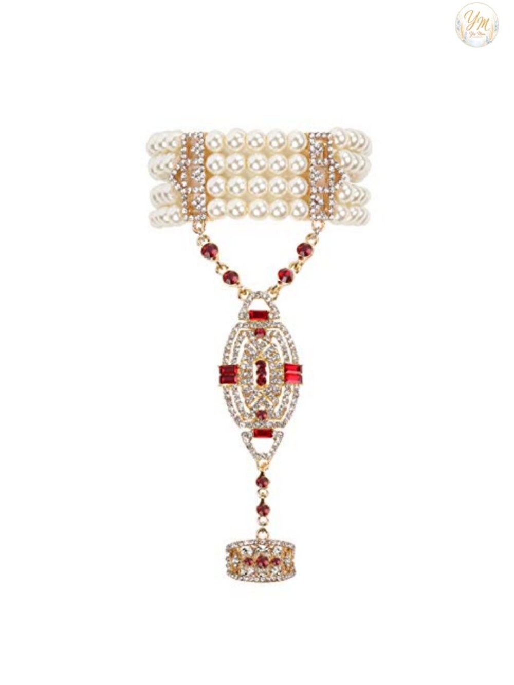 1920s Flapper Bracelet Ring Set Imitation Pearl Crystal Gatsby Jewelry